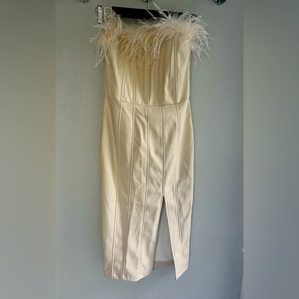 Fate Lola faux leather strapless w/ feather trim size S NWT